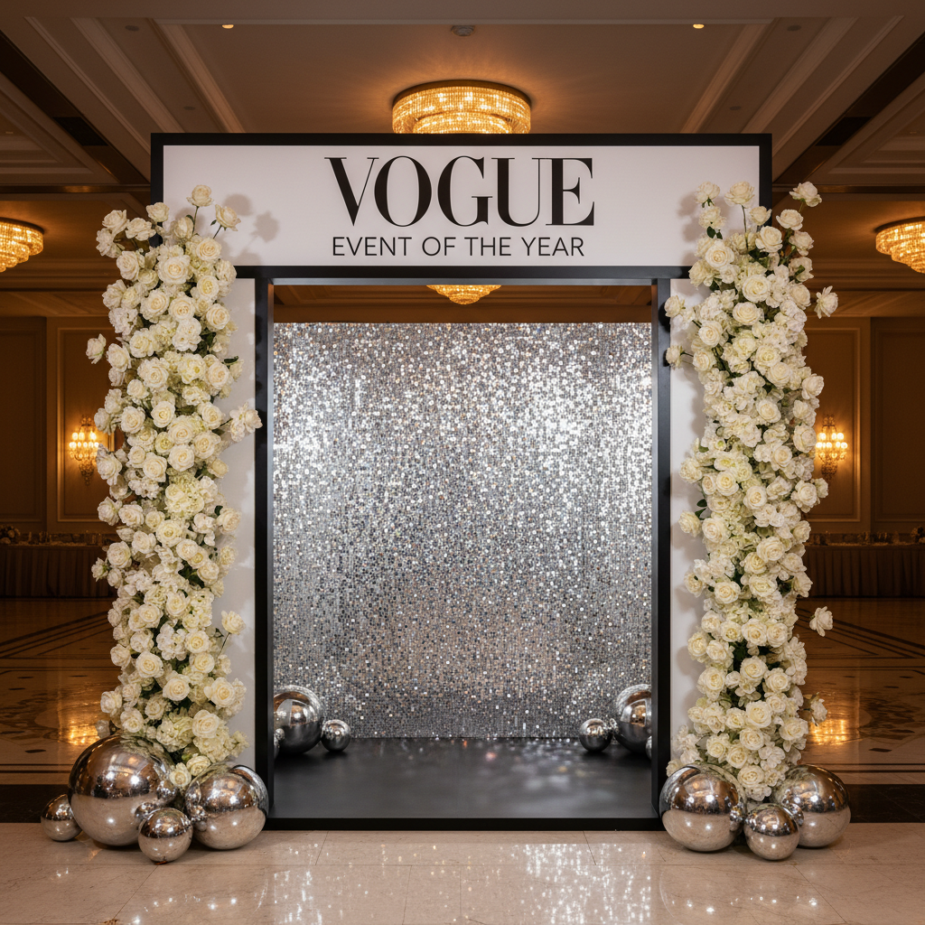 Luxury walk-in magazine photo booth with white floral columns and silver sequin backdrop